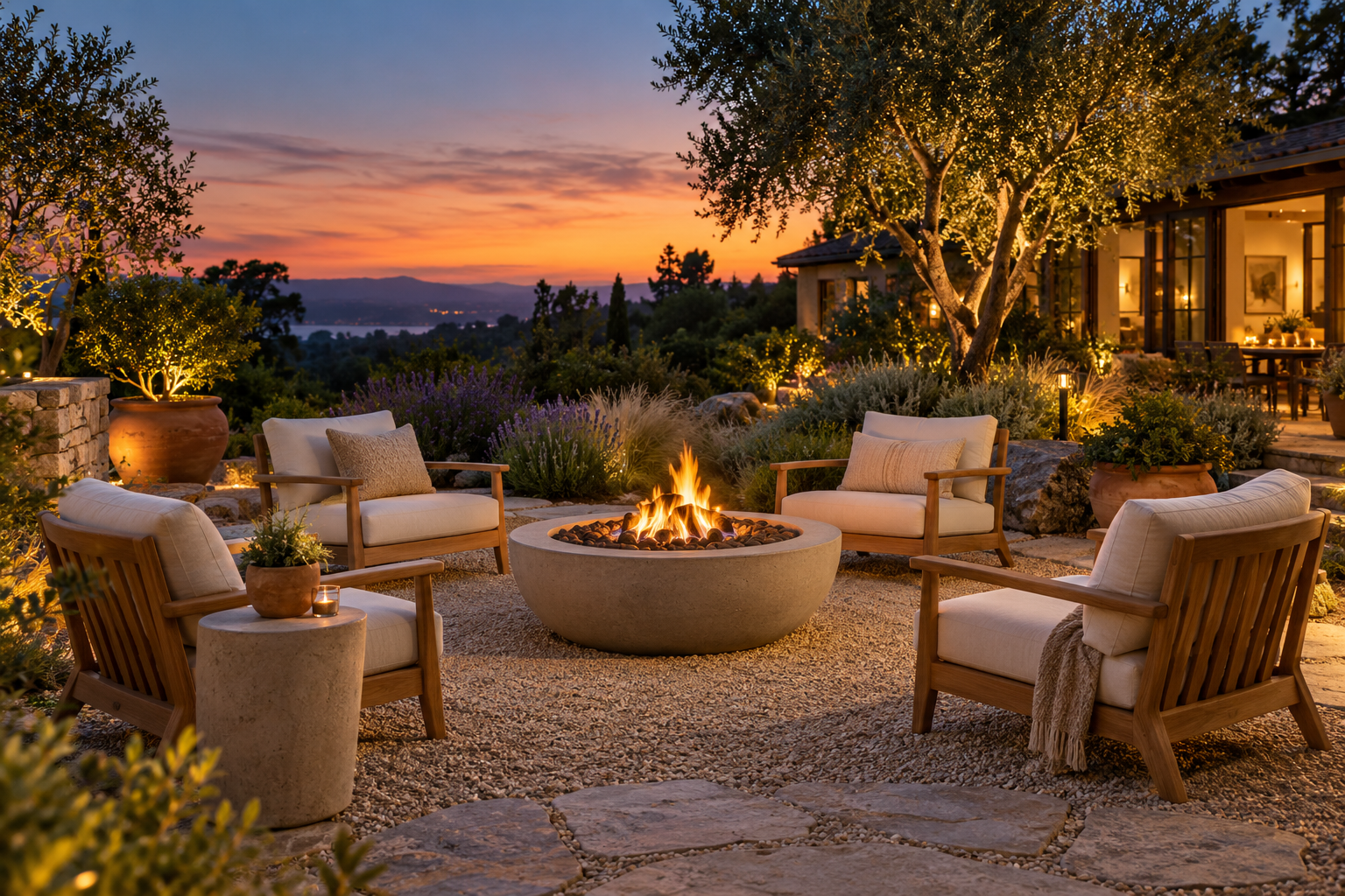 An imagined courtyard with a concrete fire bowl