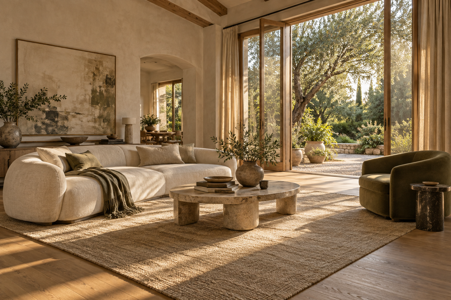 AI-created concept of a calm home with warm wood, natural light, and soft textiles
