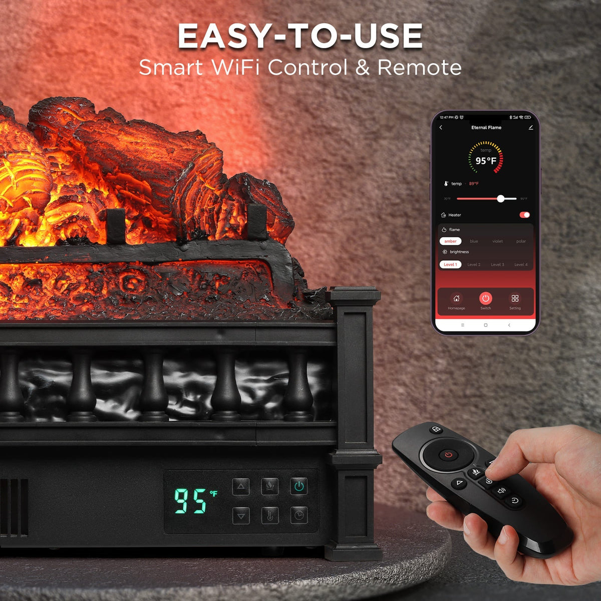 TURBRO Eternal Flame EF26-PB Smart Electric Fireplace Logs