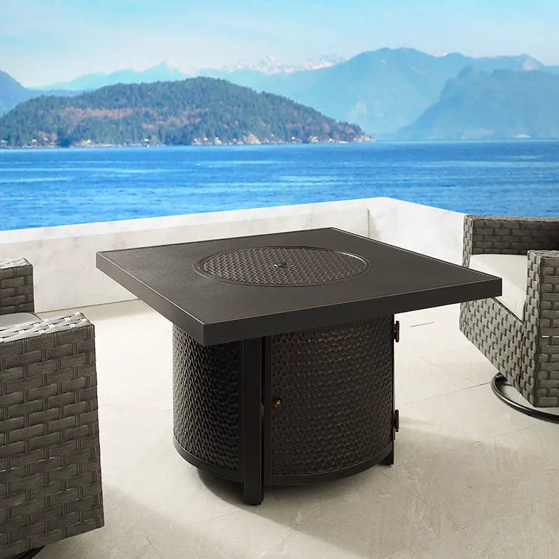 Fire Sense Clayton 40" Round Hammered Aluminum Convertible Gas Fire Pit Table