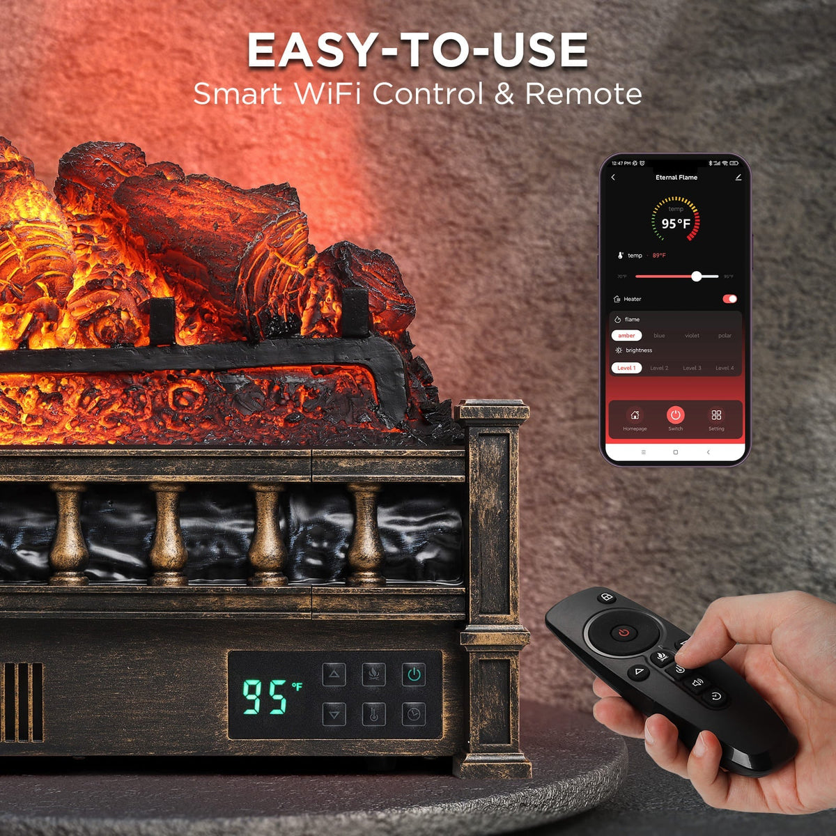 TURBRO Eternal Flame EF26-PB Smart Electric Fireplace Logs