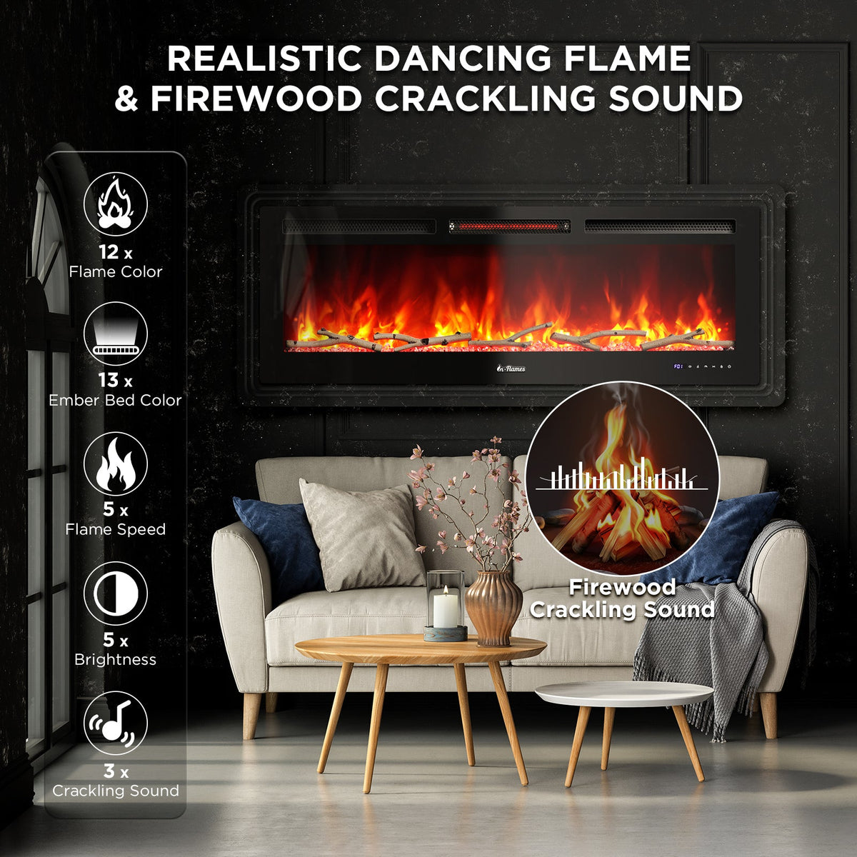 TURBRO In Flames 50-Inch Wi-Fi Wall-Mounted Electric Fireplace