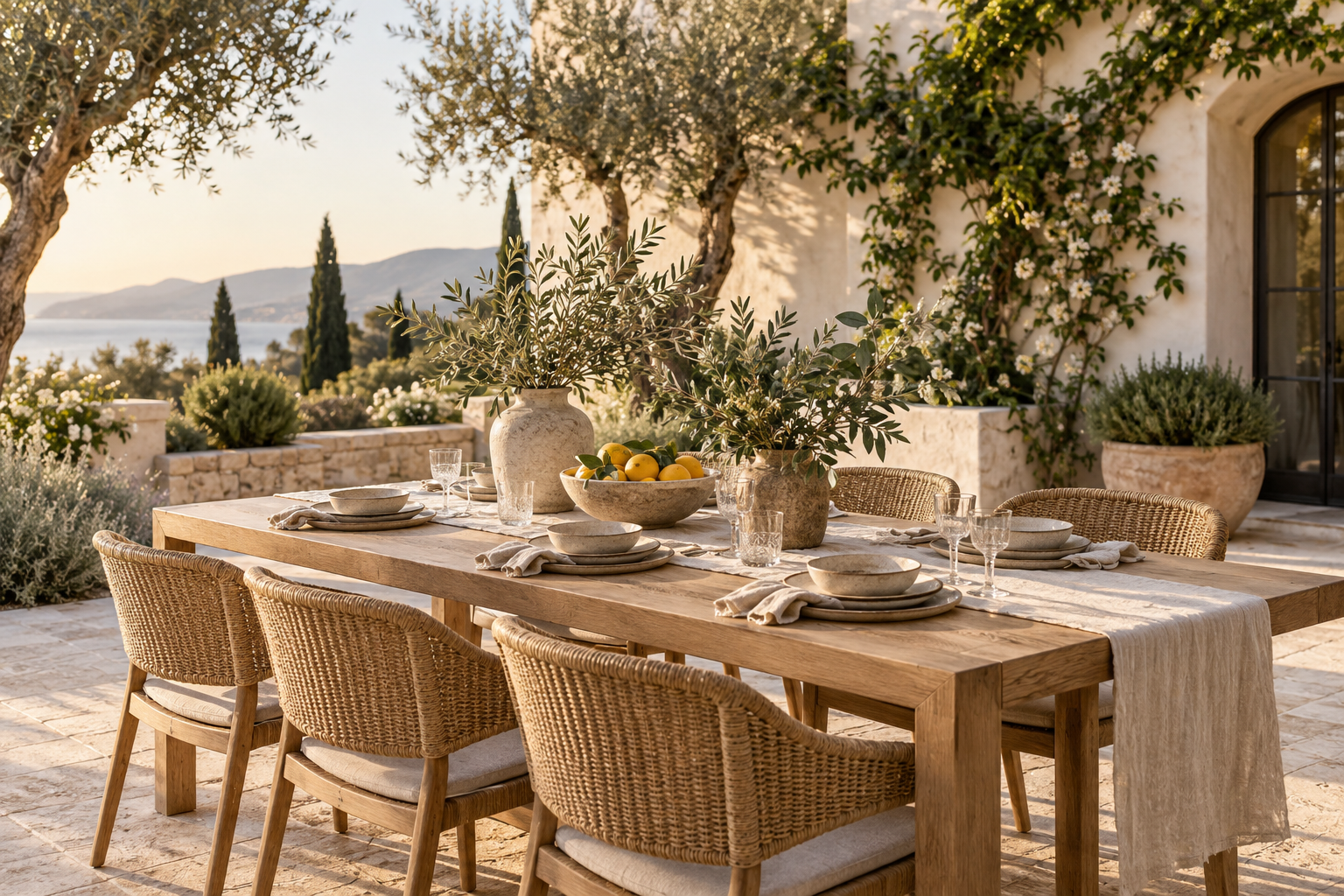 AI-created outdoor dining terrace with stoneware and linen
